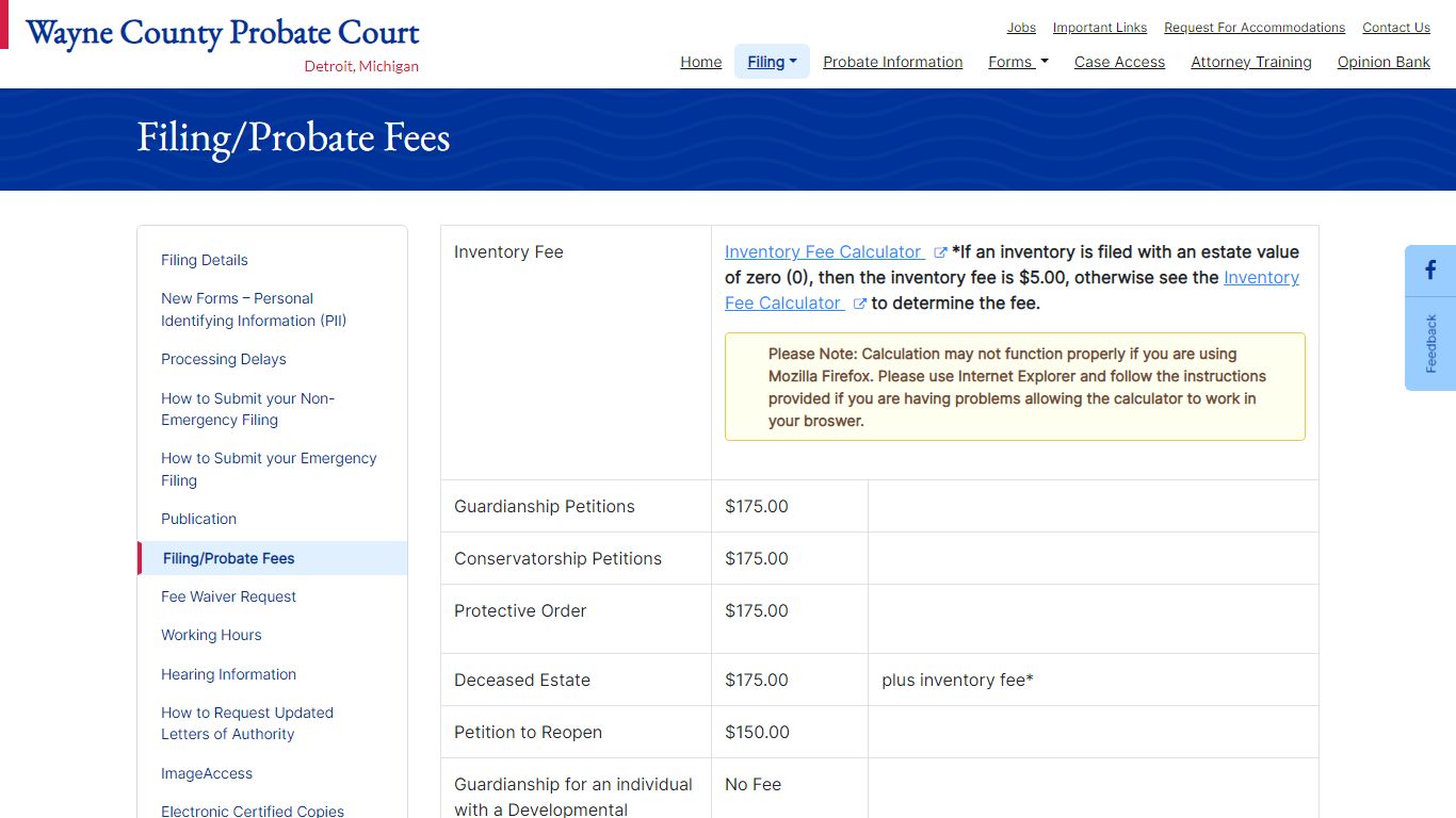 WCPC - Filing/Probate Fees